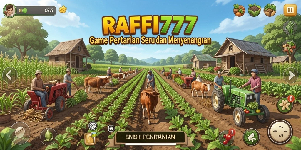 Screenshot gameplay <strong>RAFFI777</strong> yang menampilkan ladang subur dan hewan ternak.