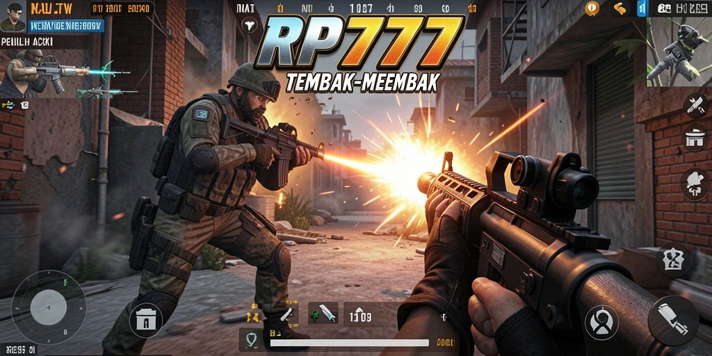 Tangkapan layar gameplay RP777 menampilkan aksi tembak-menembak intens.